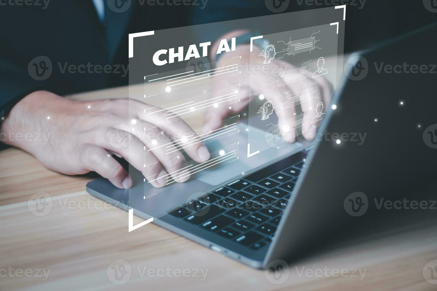 Chat with AI, Artificial Intelligence. man using technology smart robot AI, artificial intelligence by enter command prompt for generates something, Futuristic technology transformation. photo