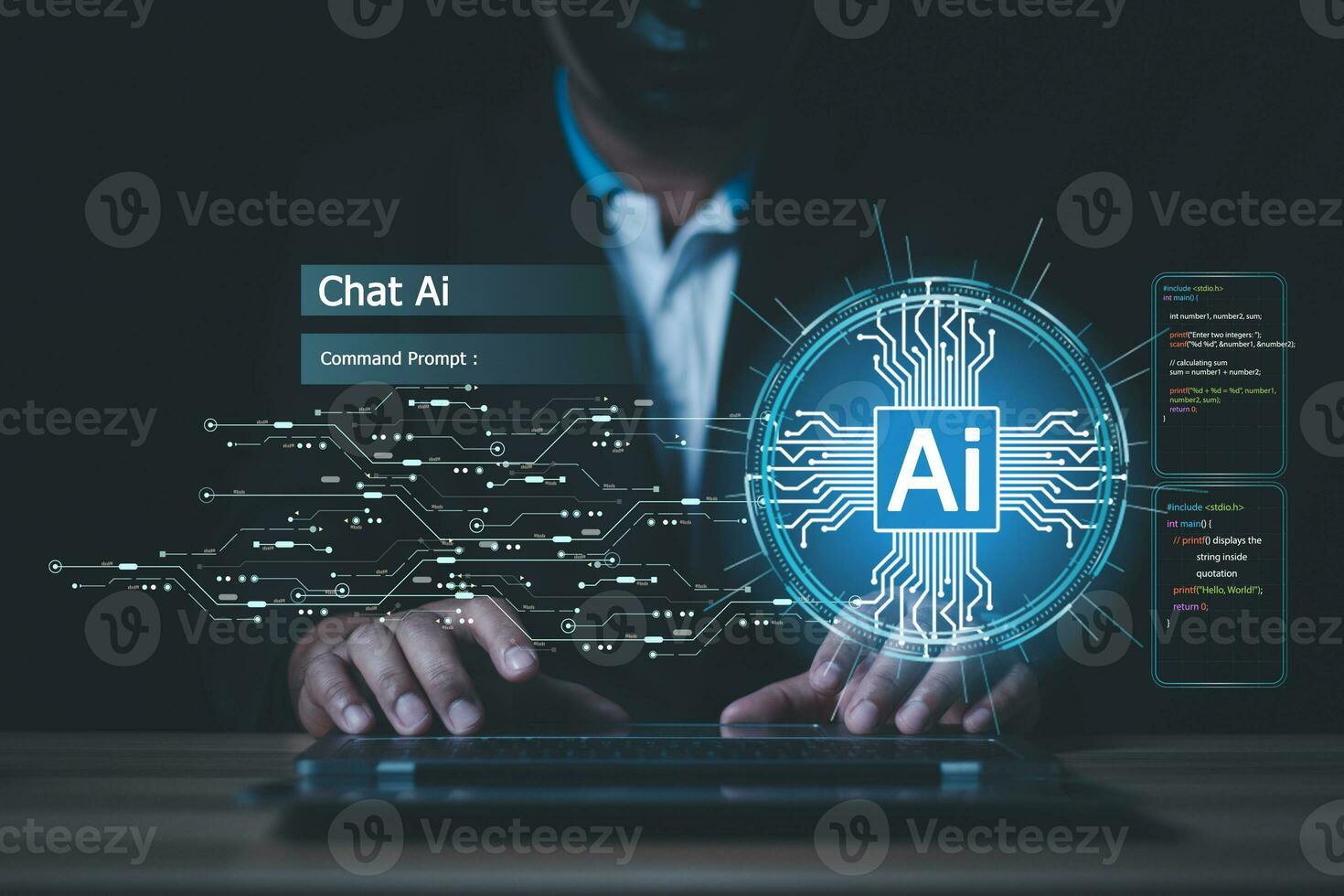 empresario charla con ai, artificial inteligencia. hombre utilizando tecnología inteligente robot ai, artificial inteligencia por entrar mando rápido para genera algo, futurista tecnología transformación. foto