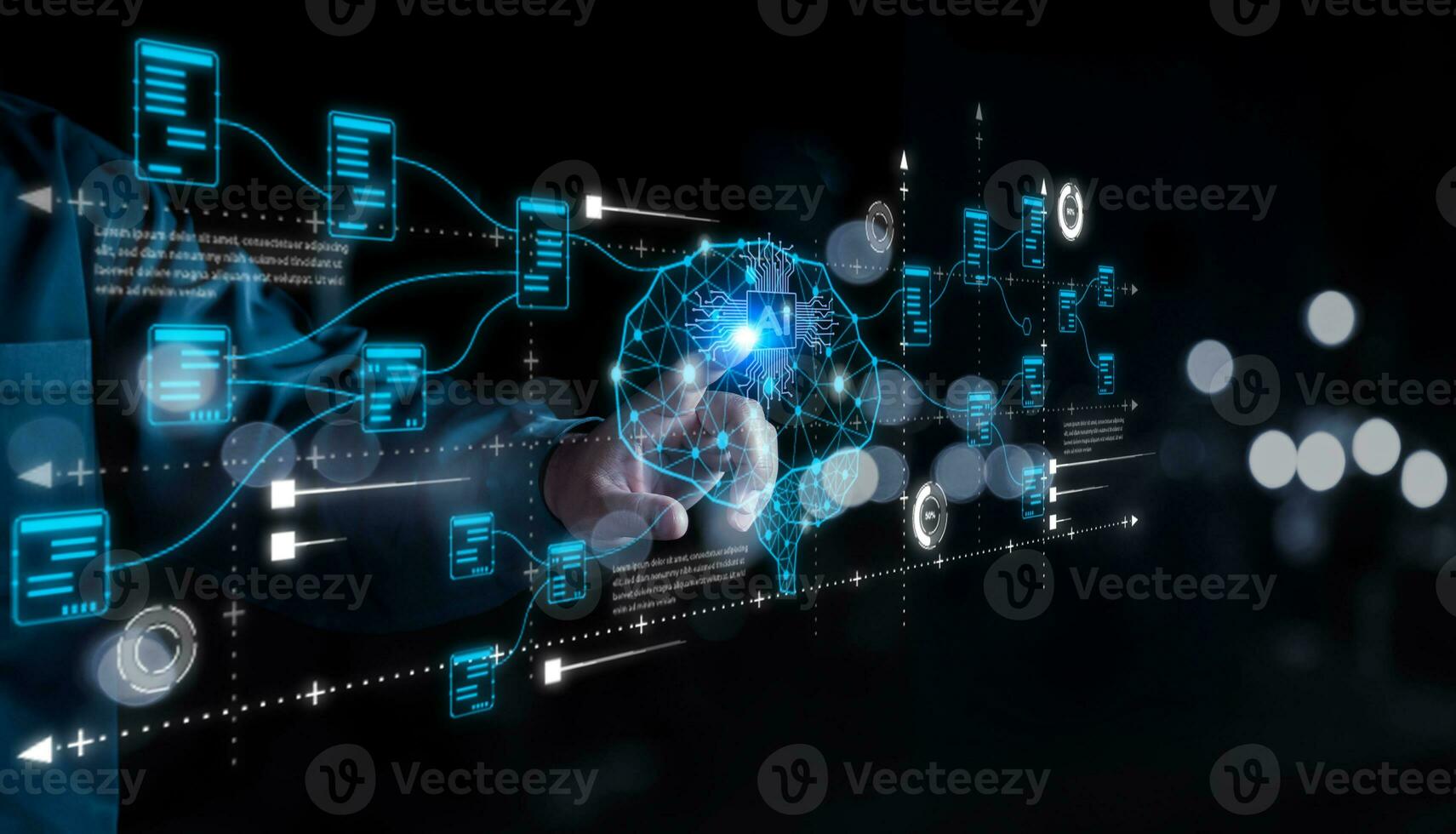 AI Technology. Businessman touch brain working data and Algorithm of Artificial Intelligence in the future business and coding software development synchronize network connection, Data science. photo