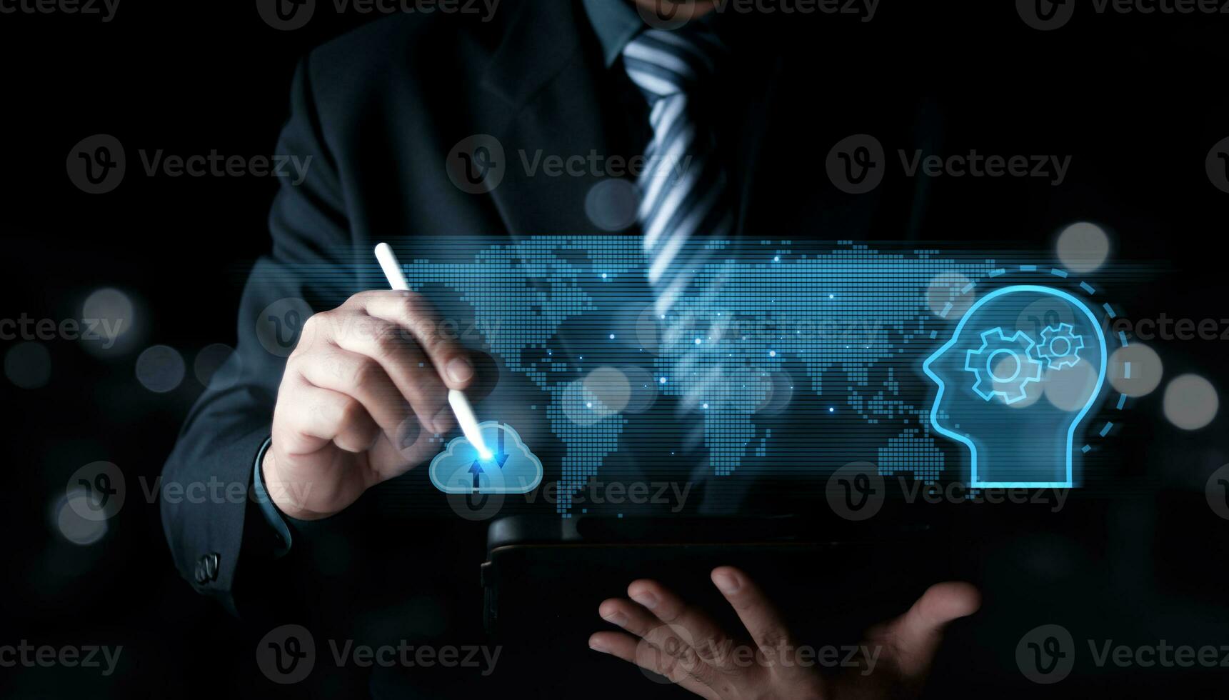 Businessman use a pen touching the cloud working of Artificial Intelligence AI in the futuristic business and coding software development on interface , IoT, innovative. photo