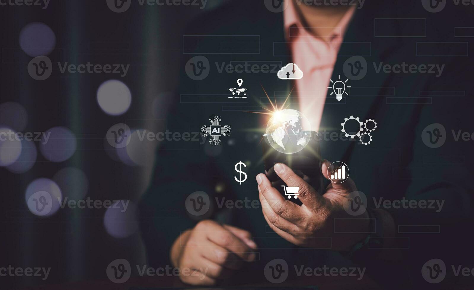 Businessman using mobile smart phone. Business global internet connection application technology and digital marketing, Financial and banking, Digital link tech, big data. photo