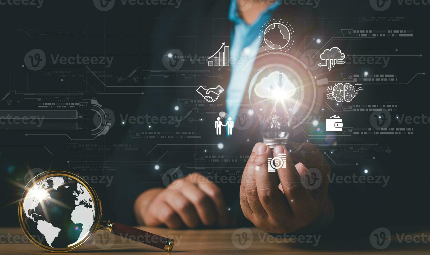 Digital marketing. Hand holding light bulb with global internet connection, Application technology and digital marketing innovation technology, Financial and banking, Digital link tech, big data. photo