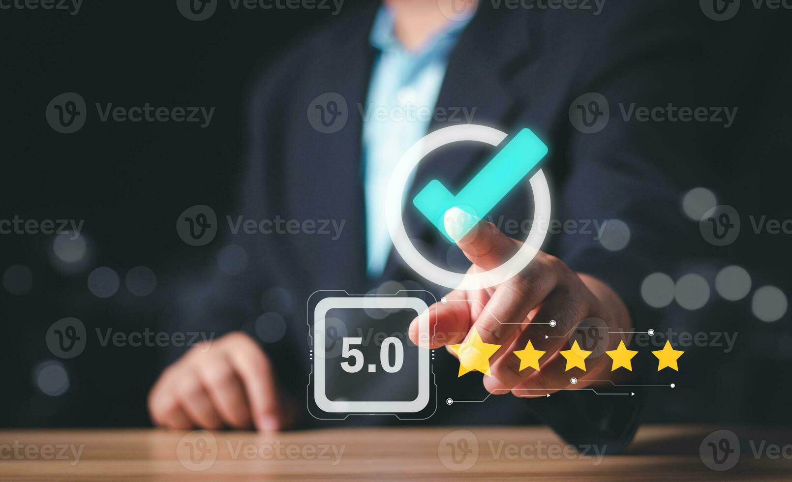 Businessman hand touching check mark and 5 star sign of the top service Quality assurance, Guarantee, Standards, ISO certification and standardization concept, satisfaction, service experience, good. photo