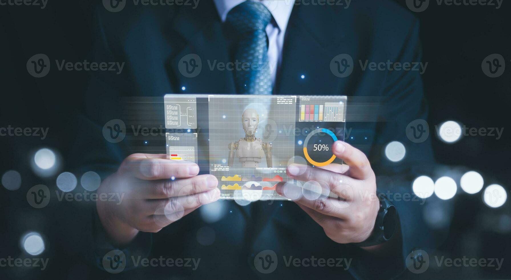 Ai chat bot communicate and interact to businessman provide smart data in natural human like text.Artificial intelligence system assist human decision making best solution to accomplish task photo