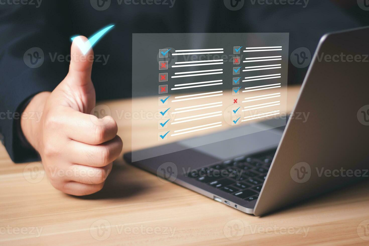 Businessman working on laptop computer productivity checklist and filling survey form online, Document management system DMS. Assessment form, questionnaire, checklist and clipboard task management. photo