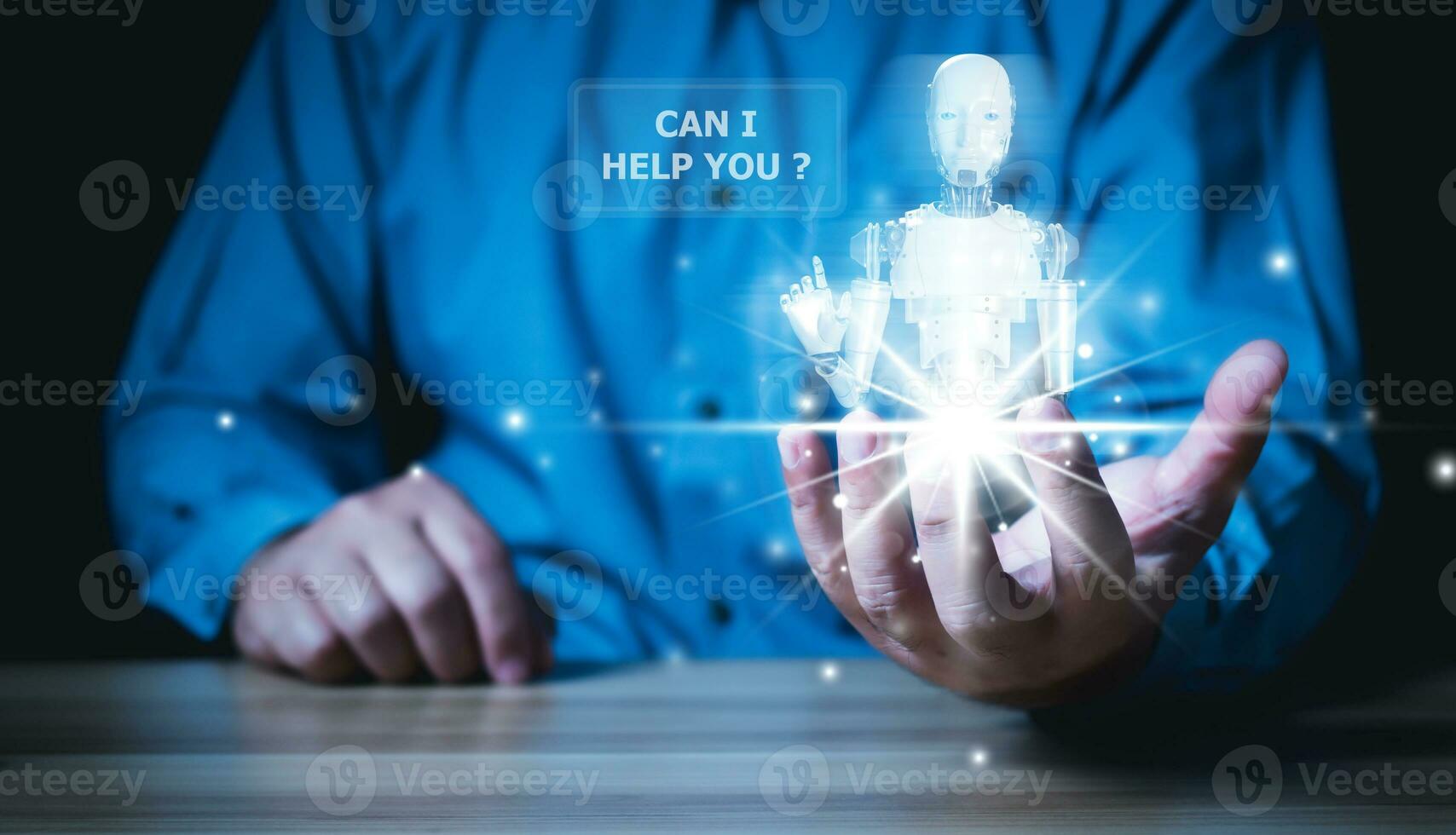 Businessman hand holding digital chatbot for provide access to information and data in online network, robot application and global connection, AI, Artificial intelligence, innovation and technology. photo