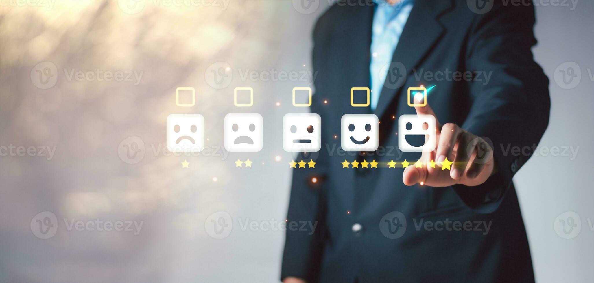 Businessman touch happy smiley face icon of best excellent business rating experience. Customer services,  Satisfaction feedback survey. Customer give rating to service experience. photo