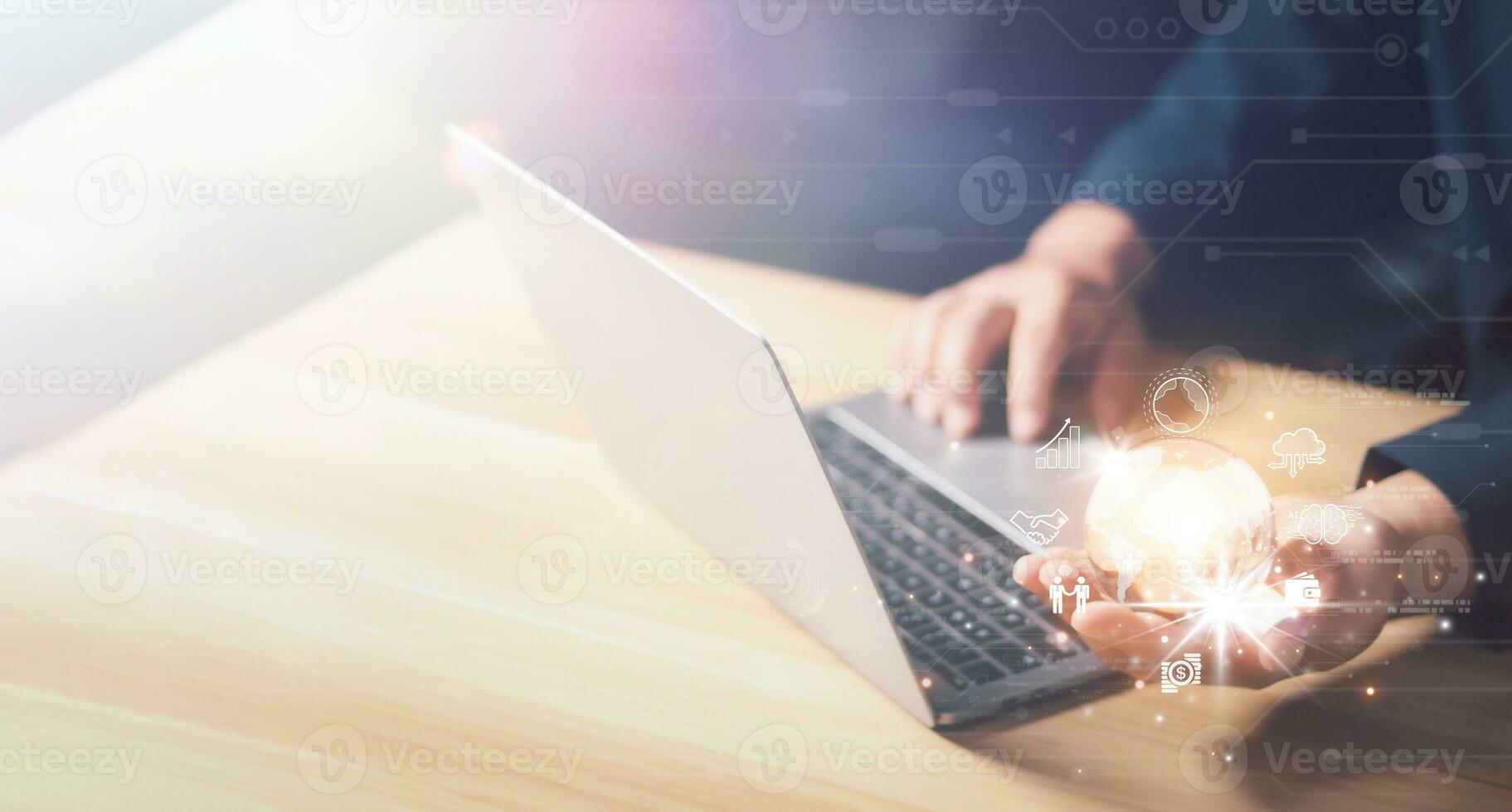 businessman Hand holding virtual Global Internet connection metaverse. Business global internet connection application technology and digital marketing, Financial and banking, Digital link tech. photo