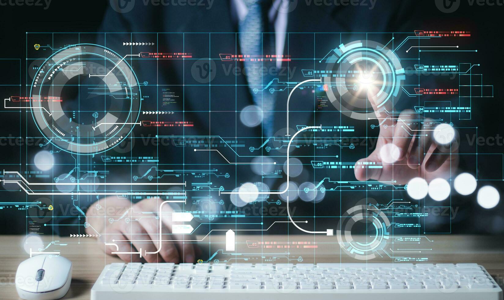 Man works on a HUD Touchscreen Interface, Business and technology concept, Communication network, GUI. photo