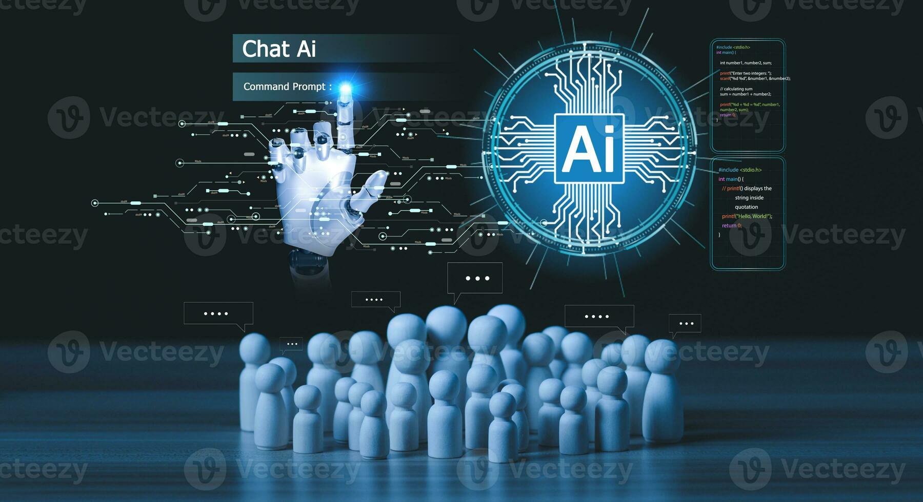 Robot hand Chat with AI, Artificial Intelligence. Technology smart robot AI Concept, artificial intelligence by enter command prompt for generates something, Futuristic technology transformation. photo