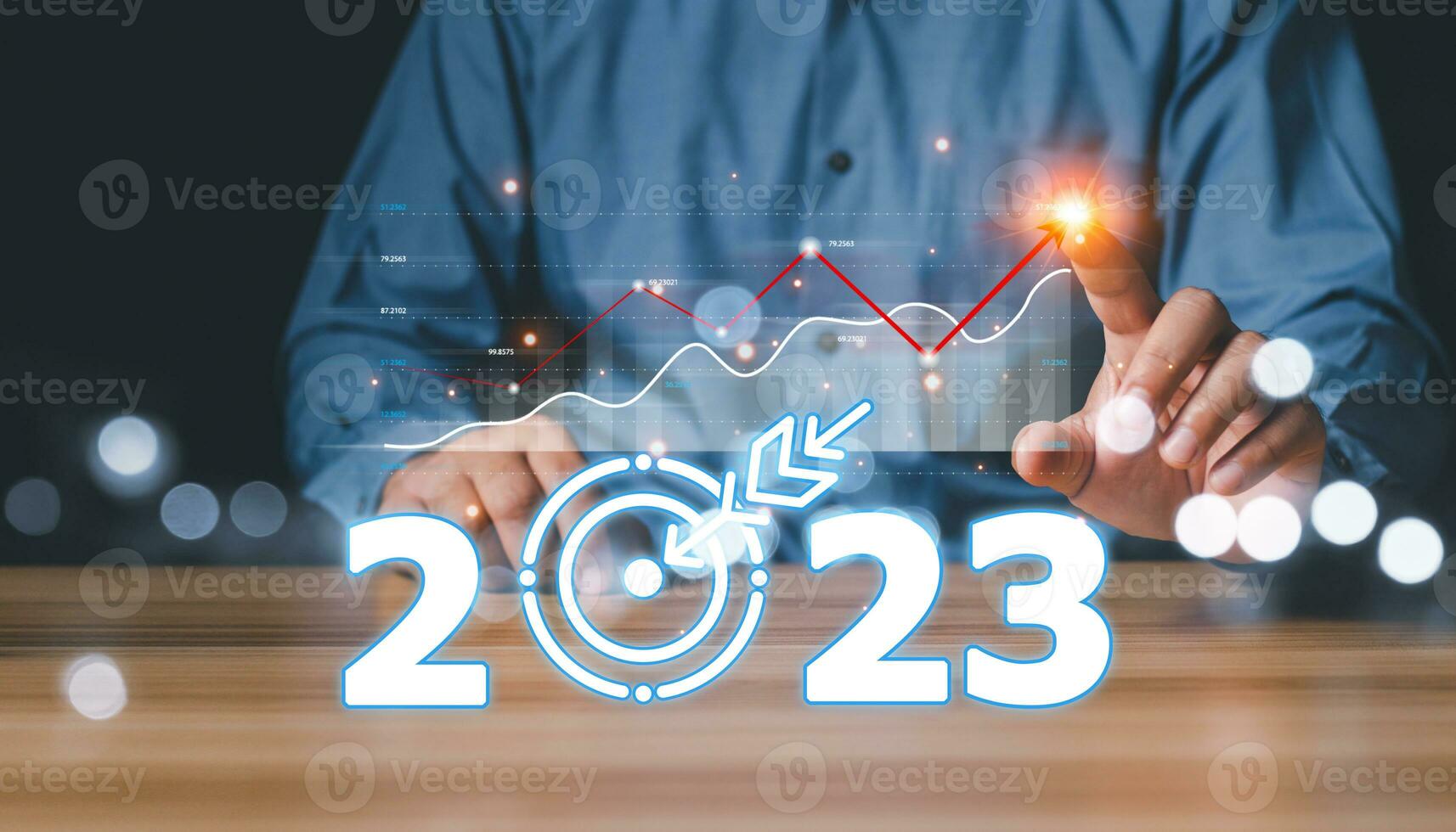 Business and Technology target set goals and achievement in 2023 new year resolution statistics graph rising revenue, 2023 Concept, 2023 New Year Goal Target, Action, Plan, Idea, Inspiration Concept. photo