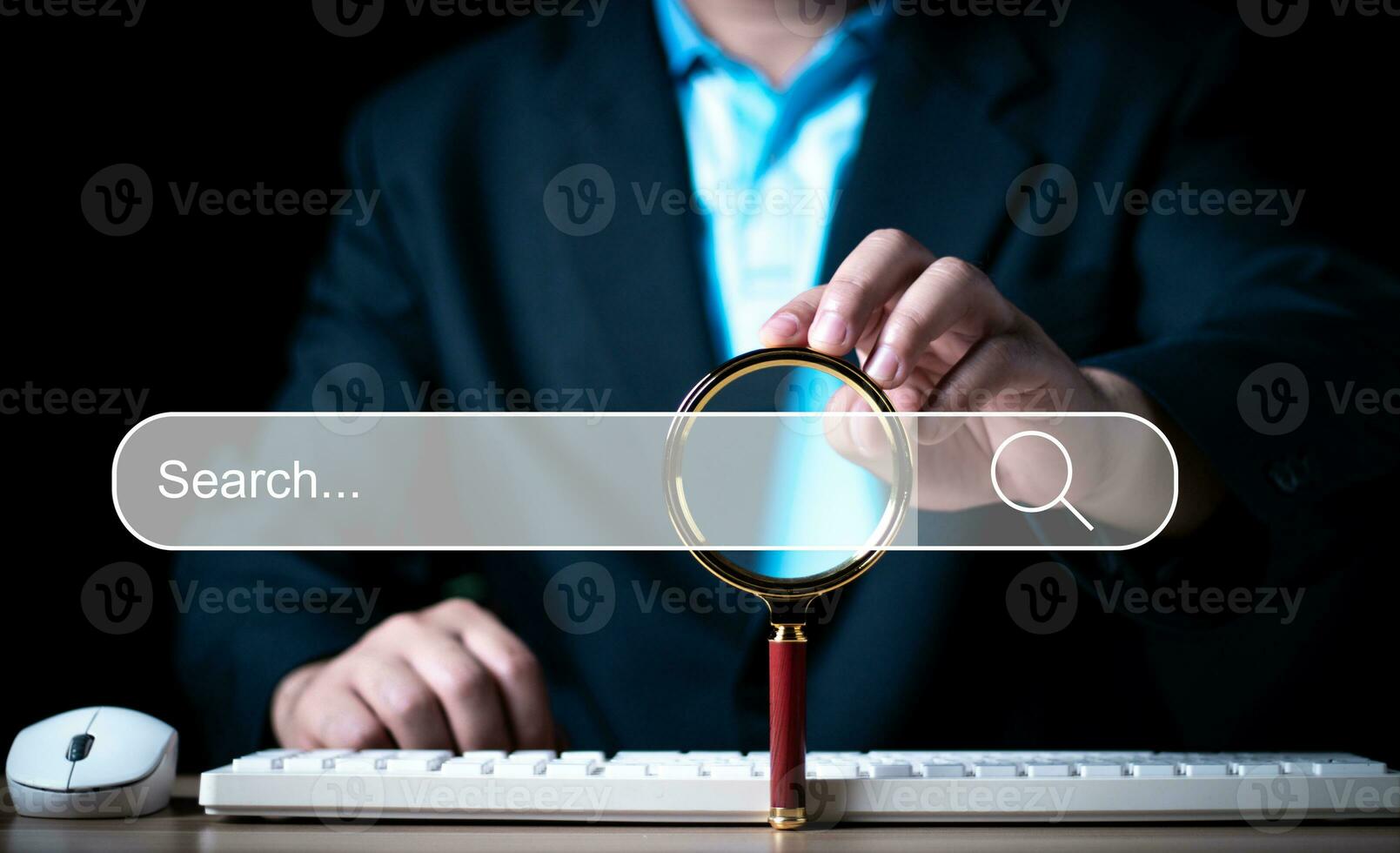 Data Search Technology Search Engine Optimization. man hand holding magnifying glass to Searching for information. Using Search Console with your website. photo