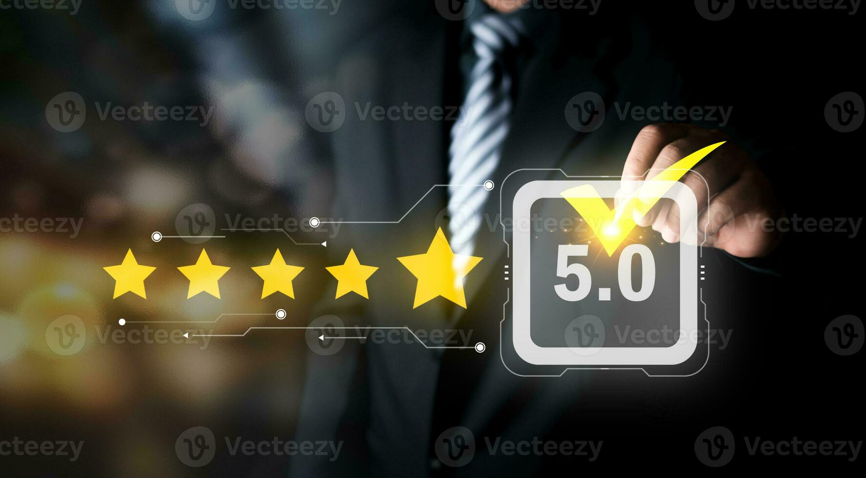 Review, increase rating or ranking, evaluation and classification concept. Businessman draw check Mark on five yellow star to increase rating of his company. Bokeh in background. photo