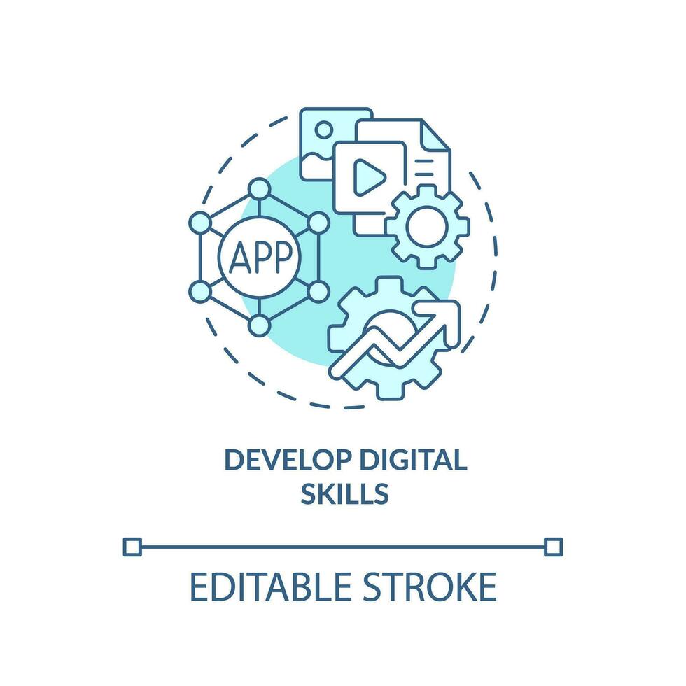 Develop digital skills turquoise concept icon. Modern technology. Computer literacy. Distance education. Work remotely abstract idea thin line illustration. Isolated outline drawing. Editable stroke vector