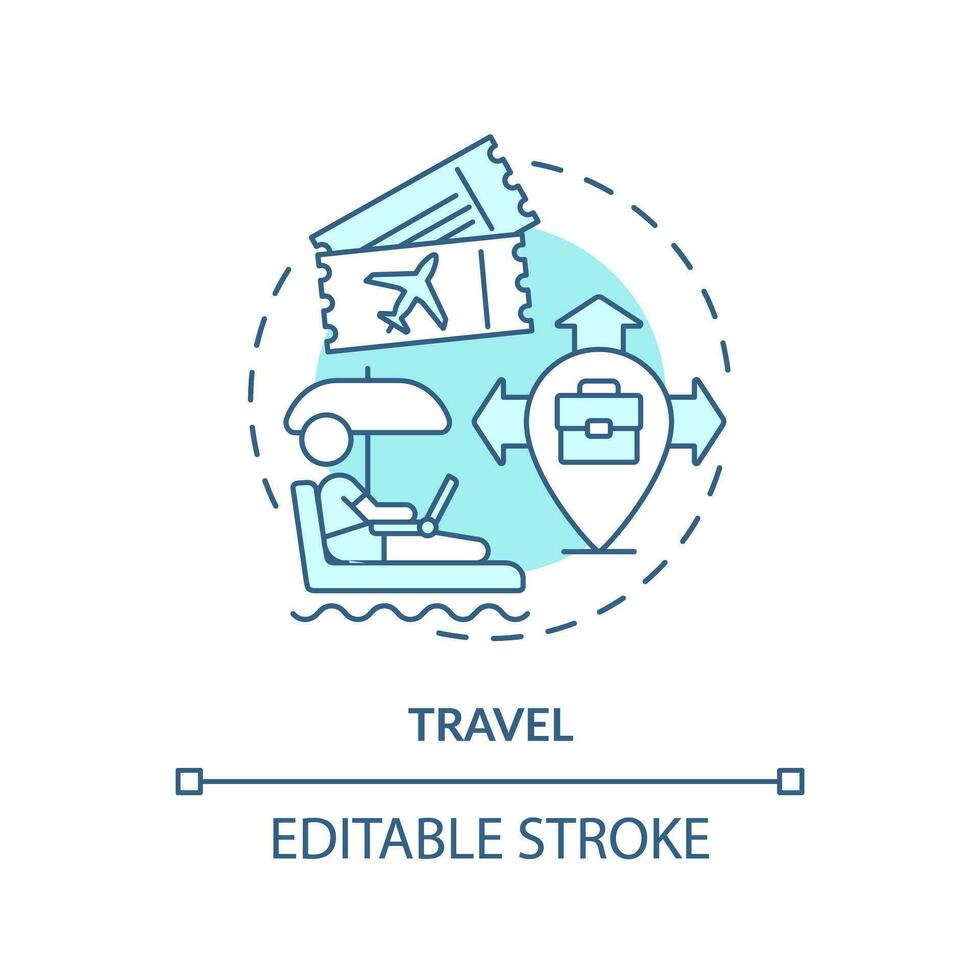 Travel turquoise concept icon. Wi fi zone. Working on computer. Freelance worker. E business. Laptop lifestyle abstract idea thin line illustration. Isolated outline drawing. Editable stroke vector