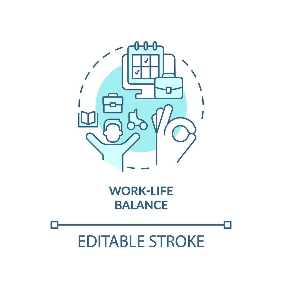 Work life balance turquoise concept icon. Take break. Avoid burnout. Time management. Mental health support abstract idea thin line illustration. Isolated outline drawing. Editable stroke vector