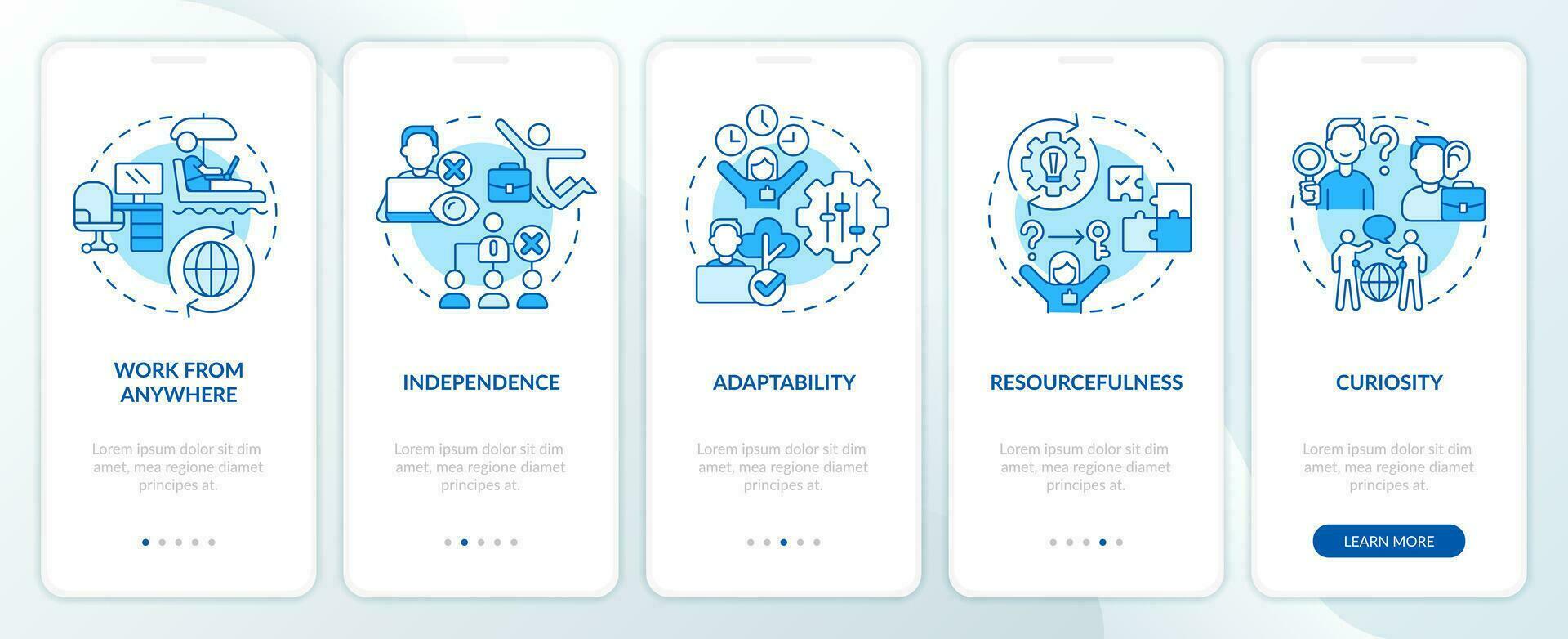 Digital nomad features blue onboarding mobile app screen. Walkthrough 5 steps editable graphic instructions with linear concepts. UI, UX, GUI templated vector