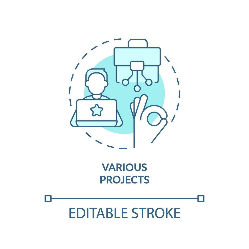 Various projects turquoise concept icon. Personal growth. Professional development. Digital nomad. Creative freedom abstract idea thin line illustration. Isolated outline drawing. Editable stroke vector