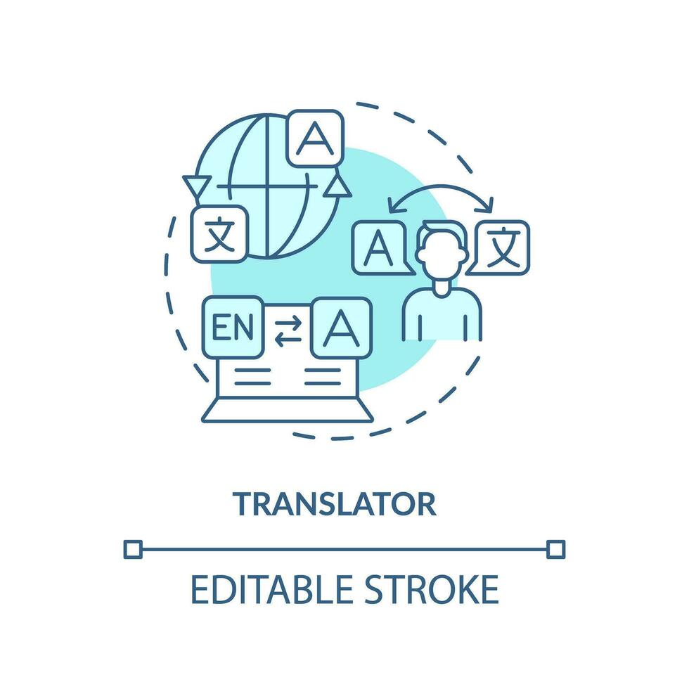 Translator turquoise concept icon. Language learning. Cultural competence. Services industry. Professional freelancer abstract idea thin line illustration. Isolated outline drawing. Editable stroke vector