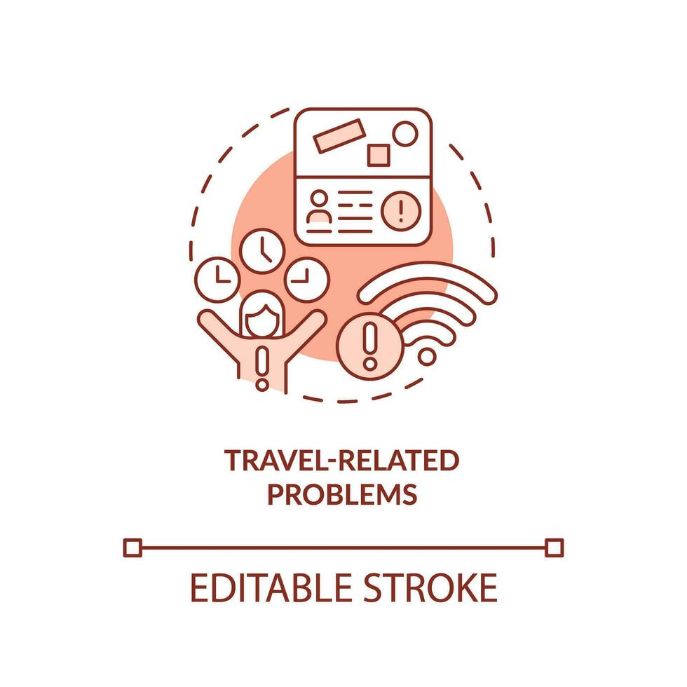 Travel related problems red concept icon. Wi fi connection. Time zones. Visa application. Digital nomad lifestyle abstract idea thin line illustration. Isolated outline drawing. Editable stroke vector
