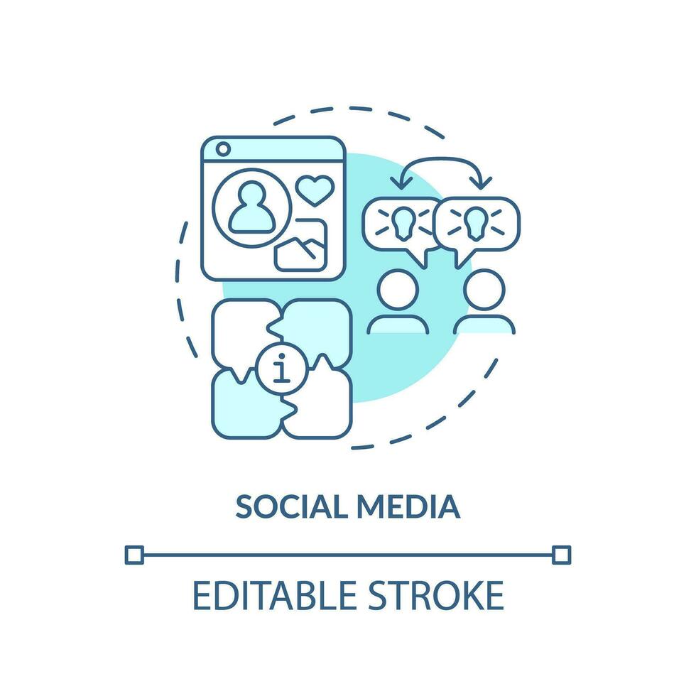 Social media turquoise concept icon. Digital networking. Virtual connection. Knowledge sharing. Online community abstract idea thin line illustration. Isolated outline drawing. Editable stroke vector