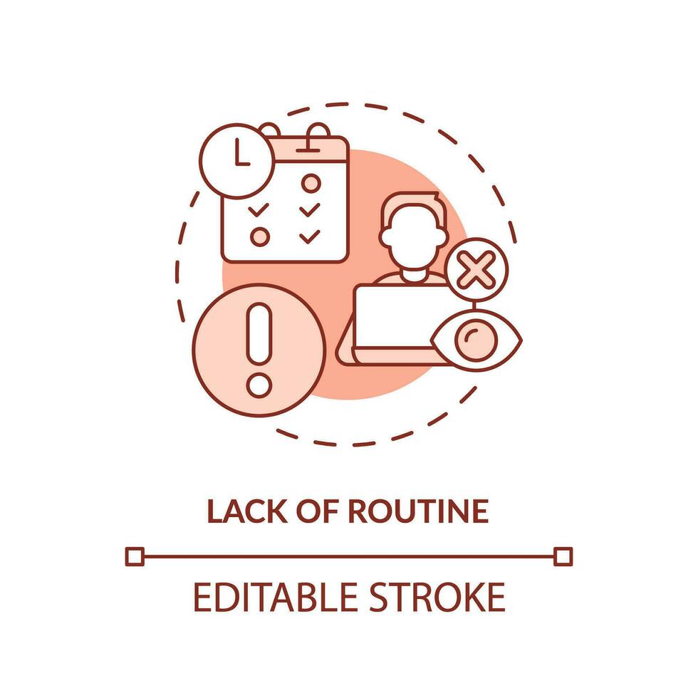 Lack of routine red concept icon. Low productivity. Work activity. Professional freelancer. Time management issue abstract idea thin line illustration. Isolated outline drawing. Editable stroke vector