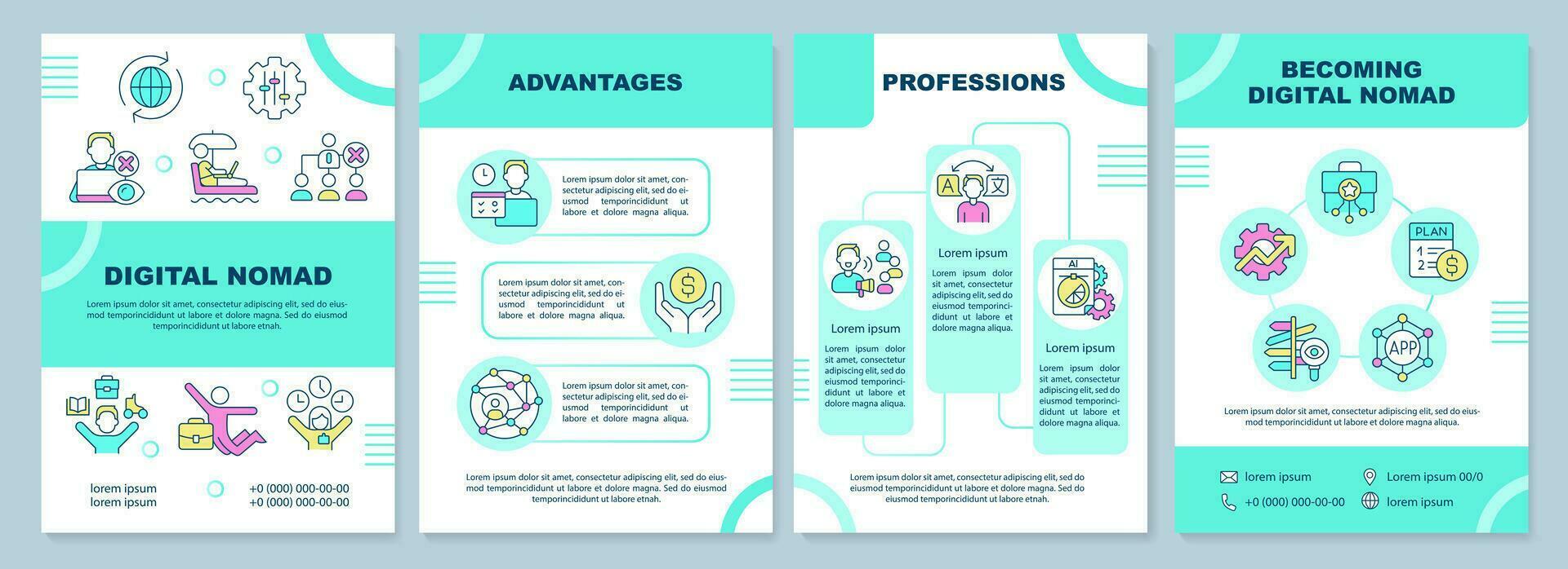 Digital nomad turquoise brochure template. Work and travel. Leaflet design with linear icons. Editable 4 vector layouts for presentation, annual reports