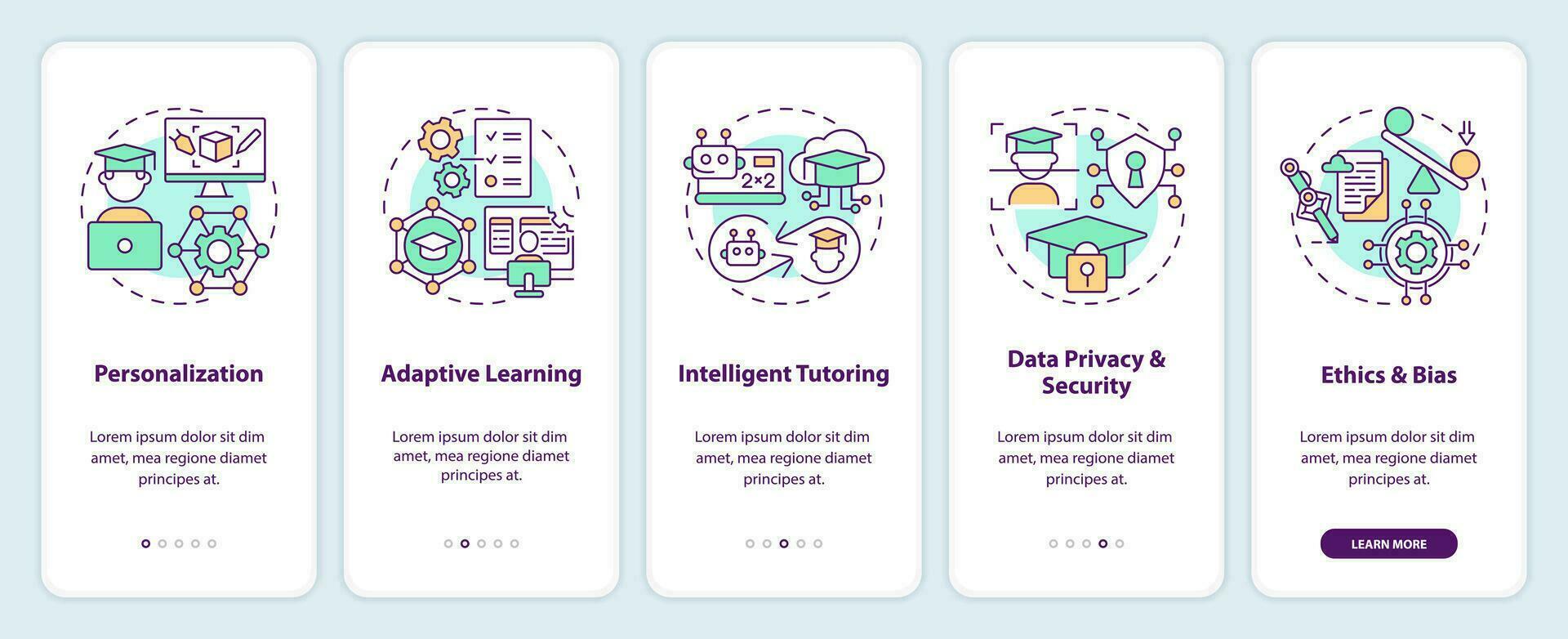 5 steps multicolor icons representing artificial intelligence in education, graphic instructions with linear concepts, app screen. vector