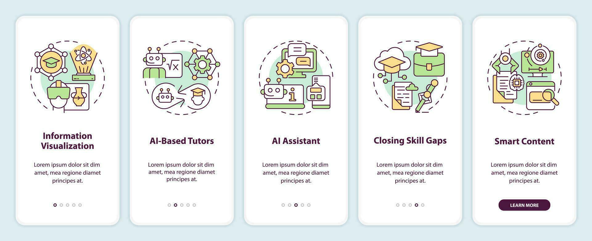 5 steps multicolor icons representing AI in education, graphic instructions with linear concepts, app screen. vector