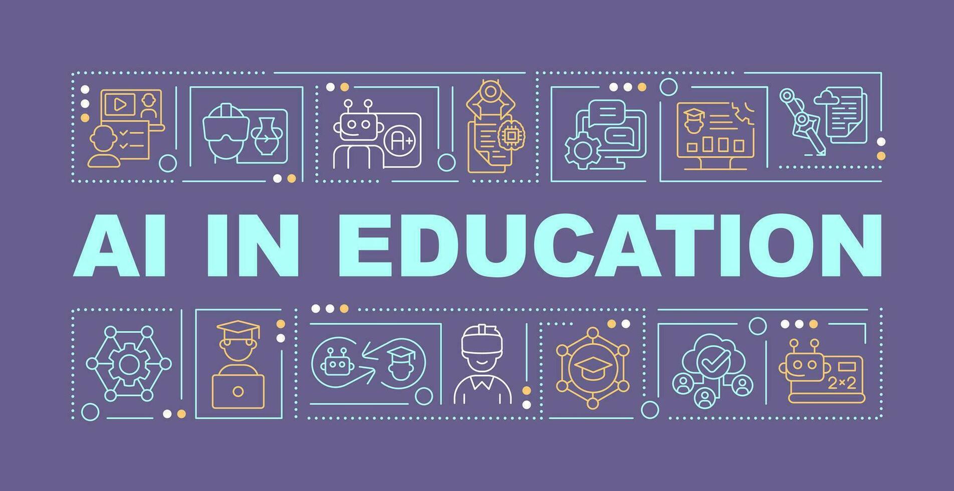 AI in education text concept with various icons on dark monochromatic background, editable 2D vector illustration.