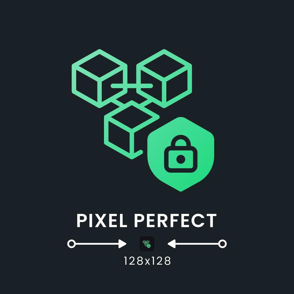 Blockchain security green solid gradient desktop icon on black. Risk management system. Fraud prevention. Pixel perfect 128x128, outline 4px. Glyph pictogram for dark mode. Isolated vector image