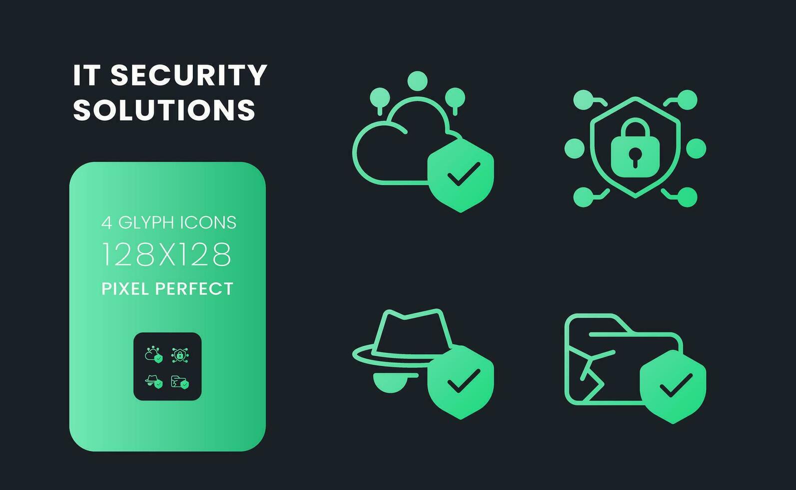 Data security solutions green solid gradient desktop icons. Cloud computing. Database encryption. Pixel perfect 128x128, outline 4px. Glyph pictograms kit for dark theme. Isolated vector images