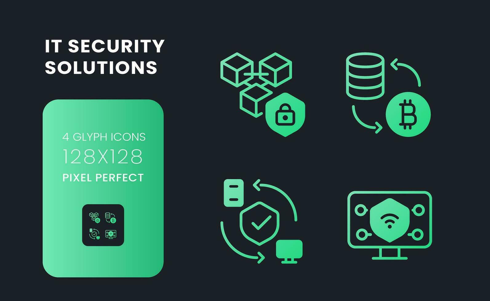 Data privacy solutions green solid gradient desktop icons. Information protection. Risk management. Pixel perfect 128x128, outline 4px. Glyph pictograms kit for dark theme. Isolated vector images