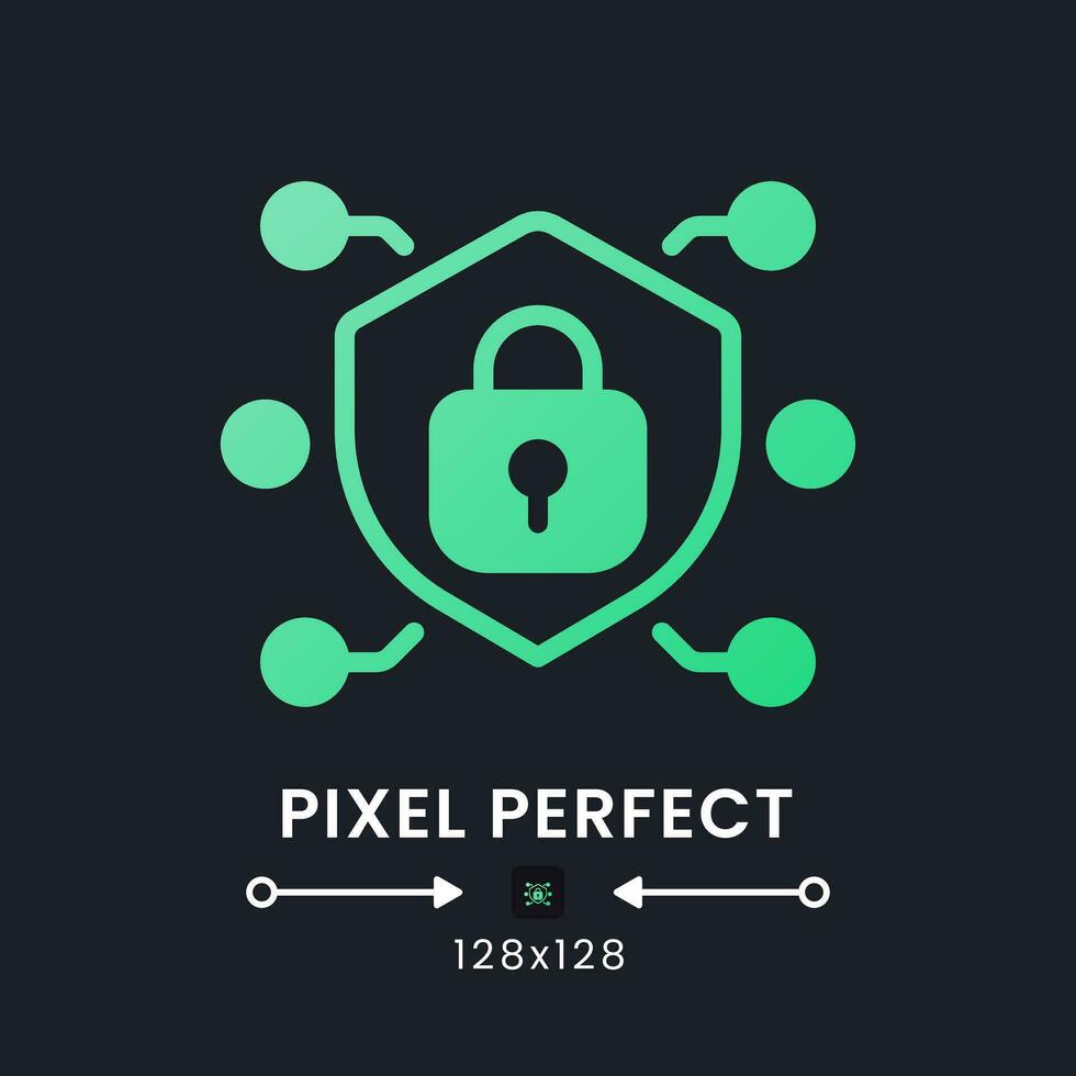 Network security green solid gradient desktop icon on black. Personal data safety. System protection. Pixel perfect 128x128, outline 4px. Glyph pictogram for dark mode. Isolated vector image