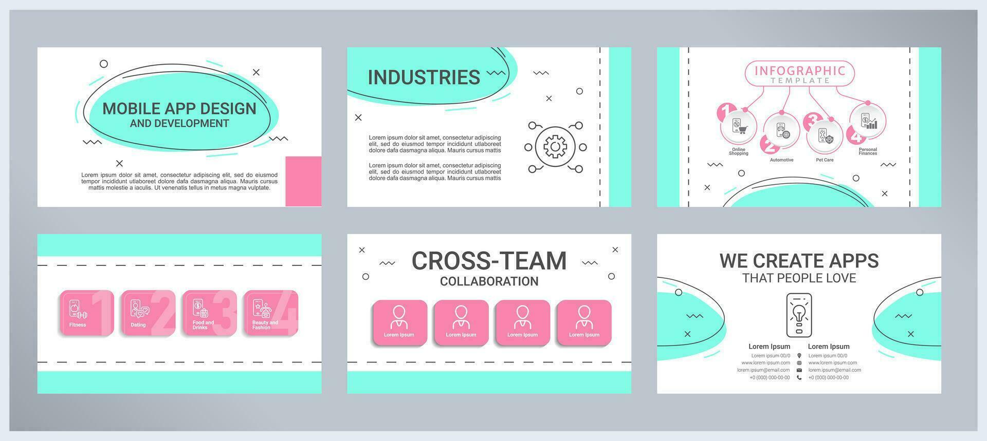 Mobile app design and development presentation templates set. User experience. Smartphone software. Ready made PPT slides on white background. Graphic design vector