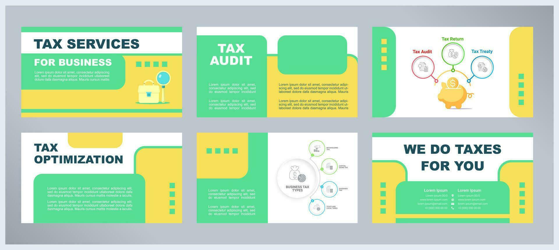 Tax services for business presentation templates set. Outsourced accounting. Bookkeeping. Corporate income. Ready made PPT slides on multicolor background. Graphic design vector