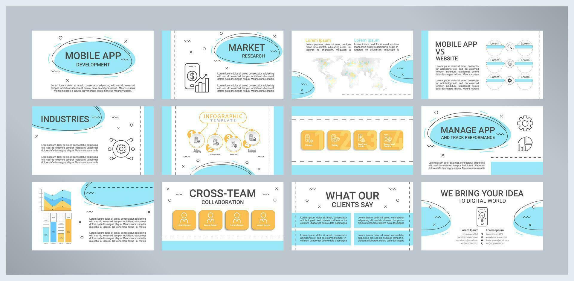 Mobile app development presentation templates set. Digital marketing. Online business. Cross platform. Ready made PPT slides on white background. Graphic design vector