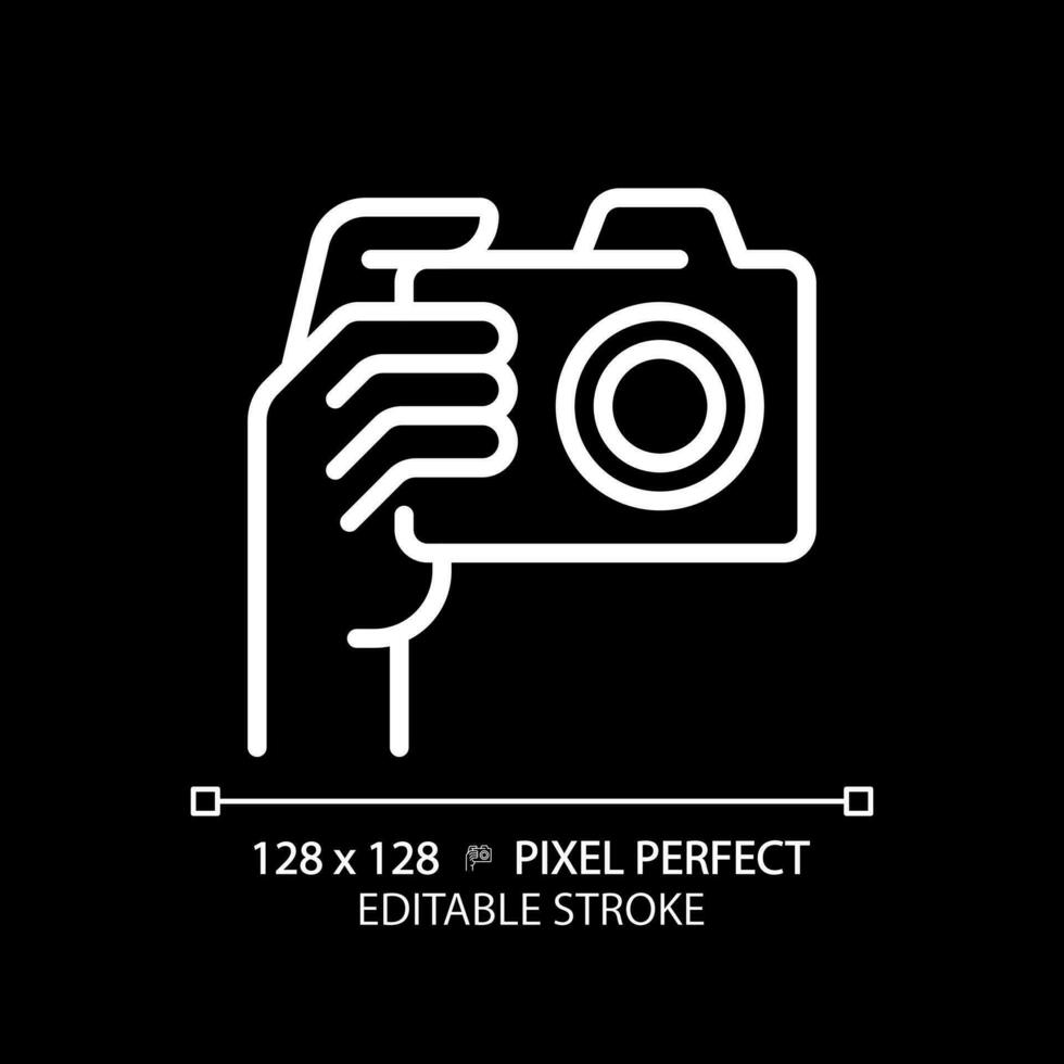 Hand with camera pixel perfect white linear icon for dark theme. Person taking shot with analog equipment. Photographer tool. Thin line illustration. Isolated symbol for night mode. Editable stroke vector