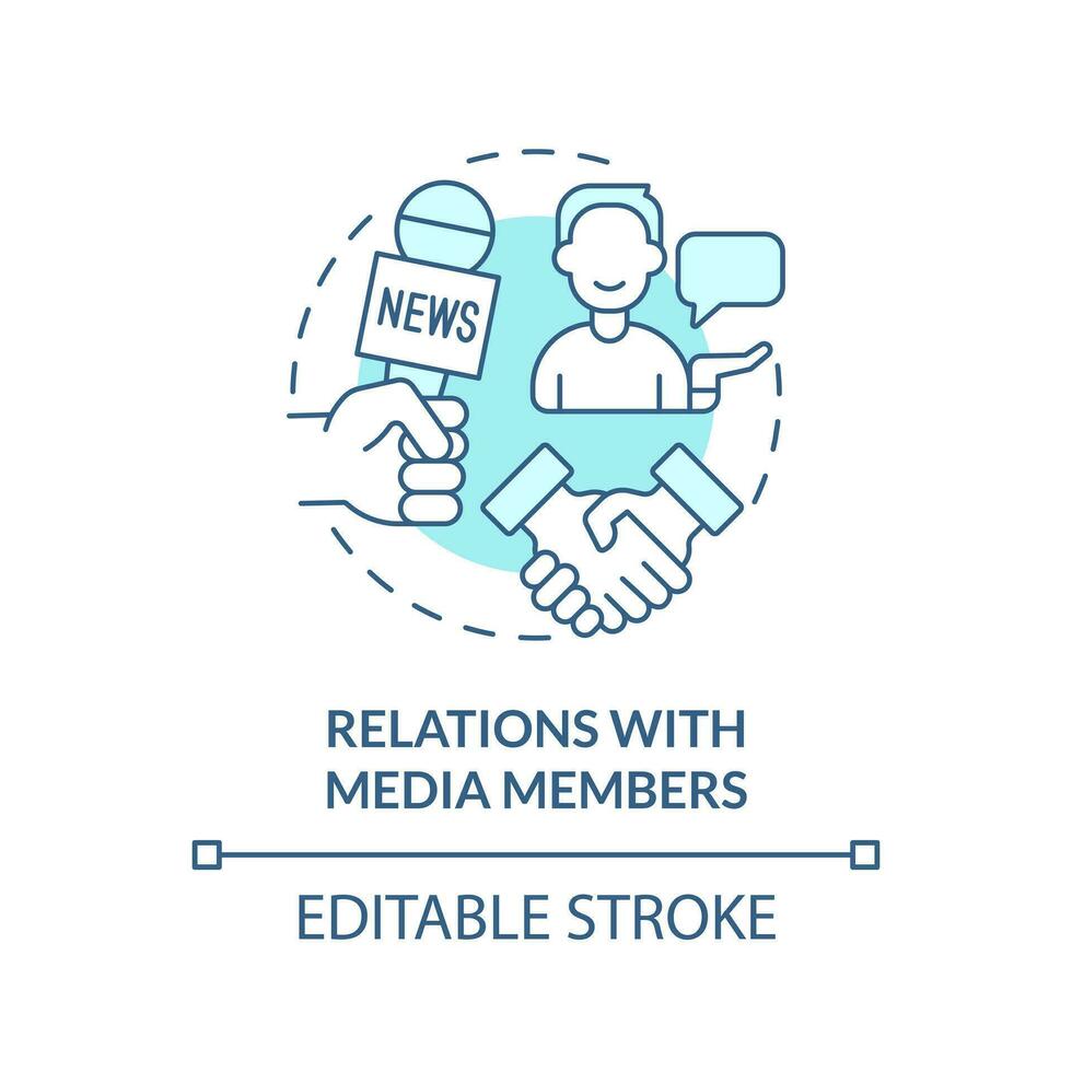 Relations with media members turquoise concept icon. Social network for advocacy abstract idea thin line illustration. Isolated outline drawing. Editable stroke vector