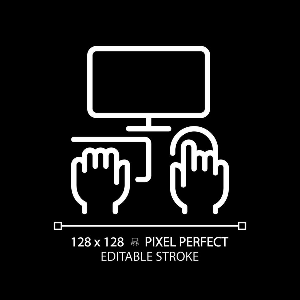 Hands with computer pixel perfect white linear icon for dark theme. Person working on PC. Equipment for work and hobby. Thin line illustration. Isolated symbol for night mode. Editable stroke vector