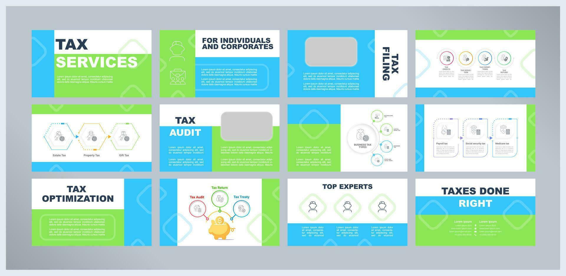 Tax services presentation templates set. Bookkeeping support. Taxation assistance. Financial compliance. Ready made PPT slides on multicolor background. Graphic design vector