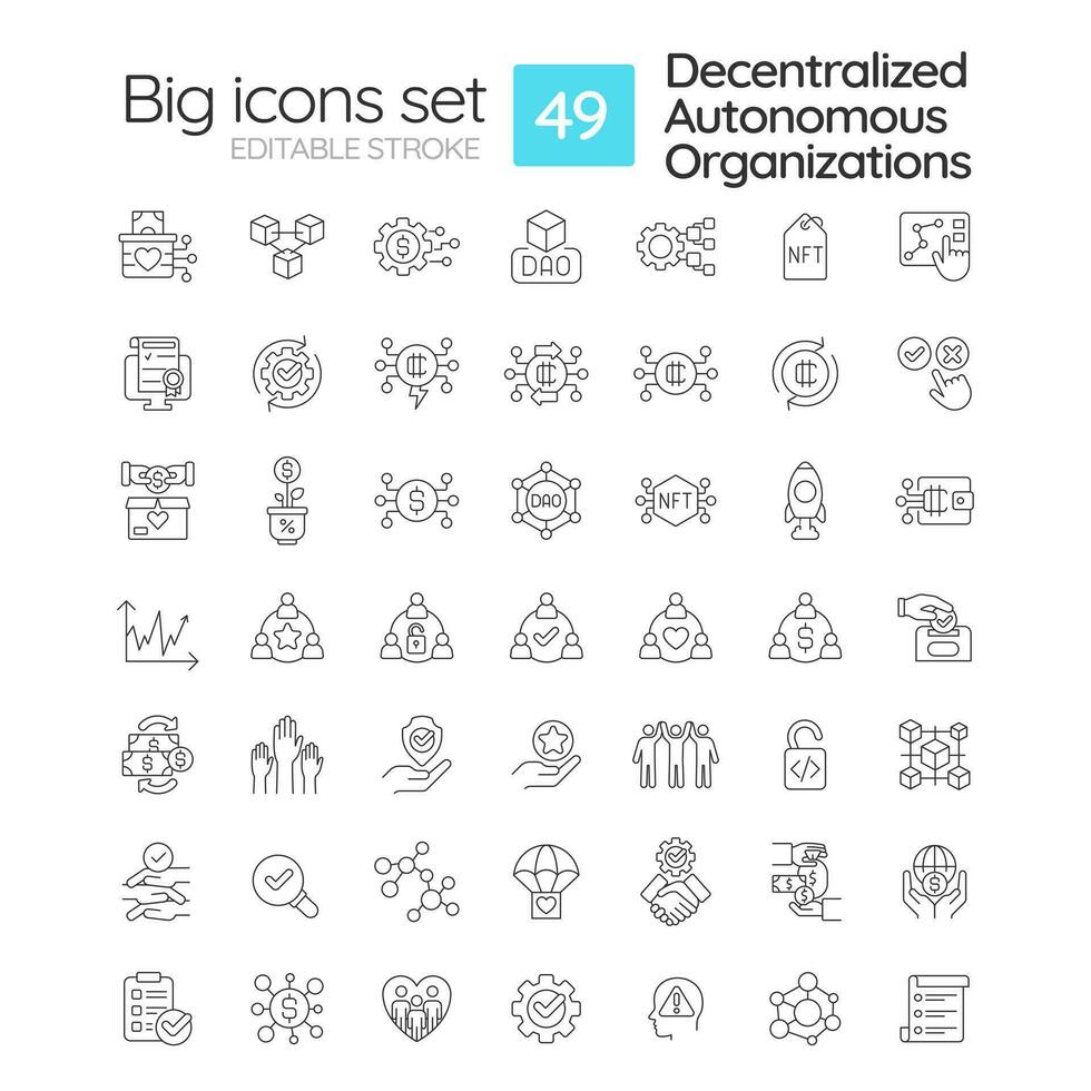 Decentralized autonomous organizations linear icons set. Internet technology in business. Innovations. Customizable thin line symbols. Isolated vector outline illustrations. Editable stroke