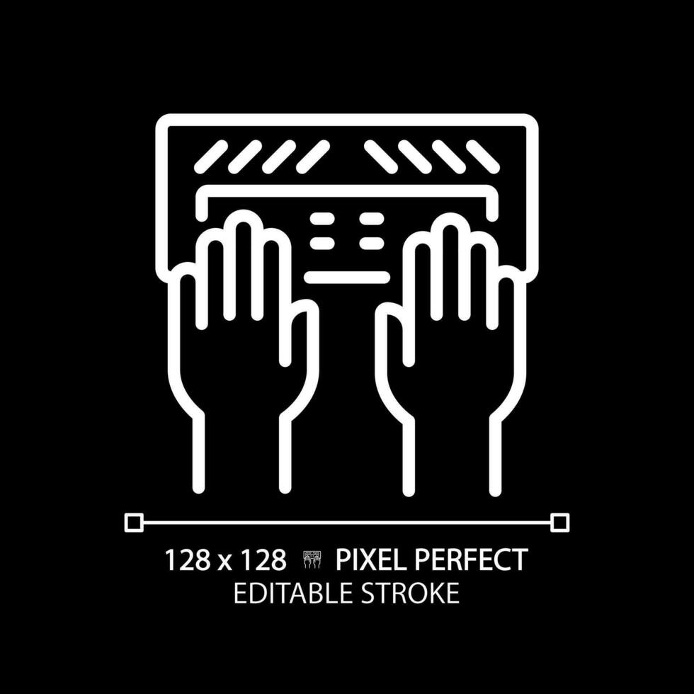 Hands with Braille keyboard pixel perfect white linear icon for dark theme. Equipment for users with eyesight problems. Thin line illustration. Isolated symbol for night mode. Editable stroke vector