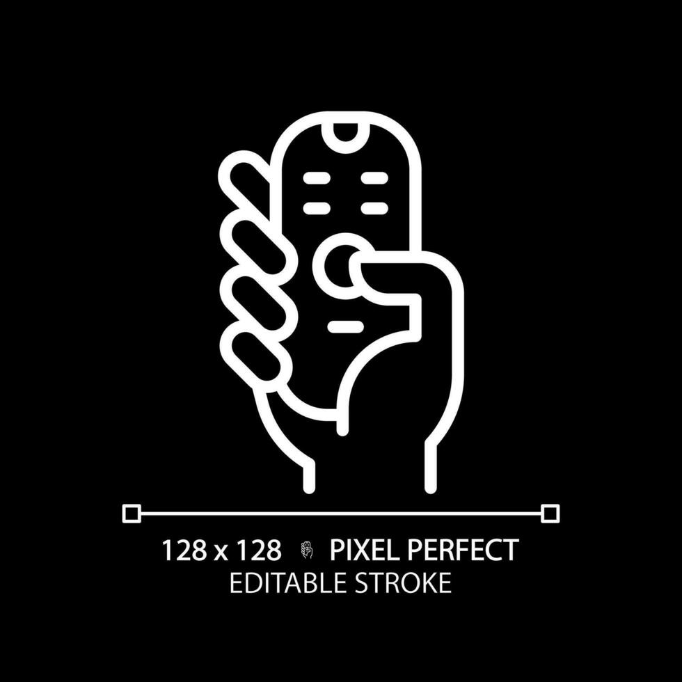 Hand with remote control pixel perfect white linear icon for dark theme. Digital device with keys. Contactless infrared gadget. Thin line illustration. Isolated symbol for night mode. Editable stroke vector