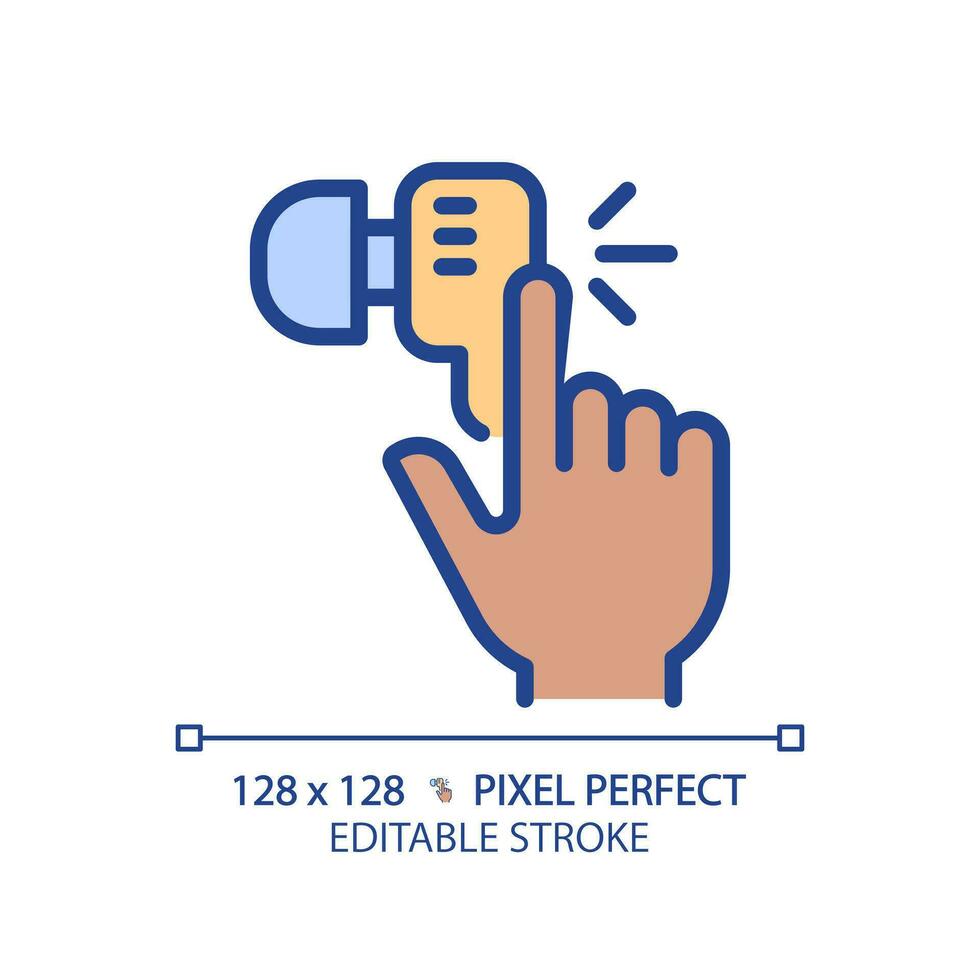 Black hand with earphone pixel perfect RGB color icon. Finger tapping key on audio device. Wireless gadget for music. Isolated vector illustration. Simple filled line drawing. Editable stroke