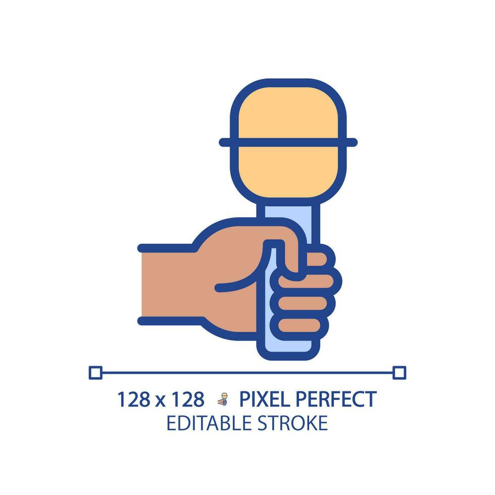 Black hand with microphone pixel perfect RGB color icon. Audio recording equipment. Journalist with mic at interview. Isolated vector illustration. Simple filled line drawing. Editable stroke