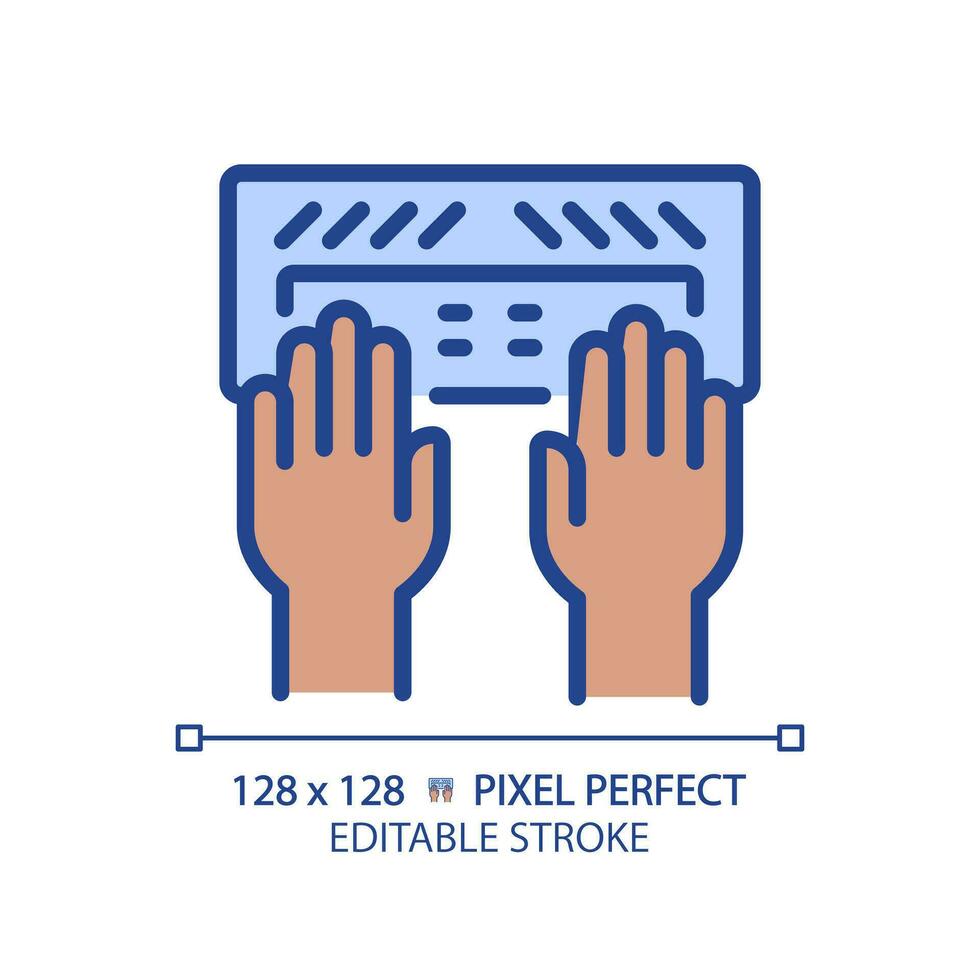 Black hands with Braille keyboard pixel perfect RGB color icon. Equipment for users with eyesight problems. Blind support. Isolated vector illustration. Simple filled line drawing. Editable stroke