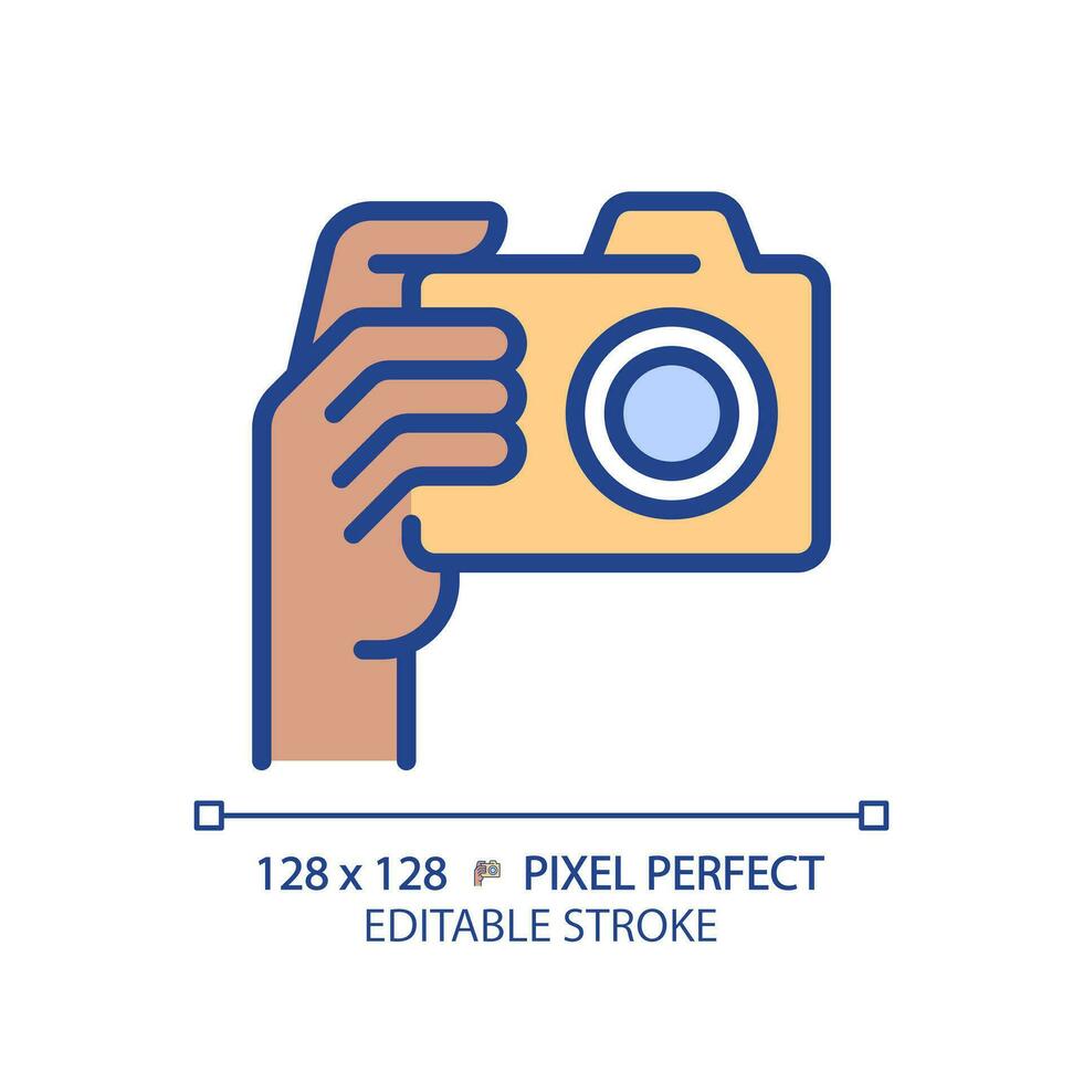Black hand with camera pixel perfect RGB color icon. Person taking shot with analog equipment. Photographer tool. Isolated vector illustration. Simple filled line drawing. Editable stroke
