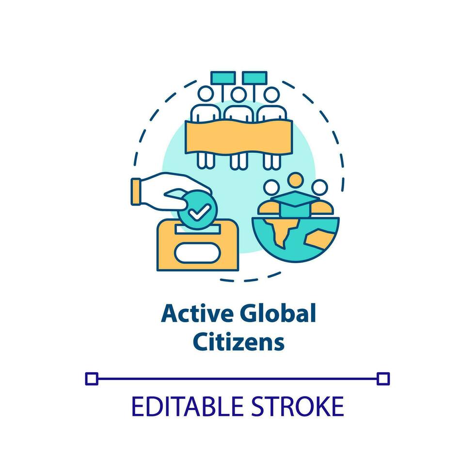 Active global citizens concept icon. International community. Civic participation abstract idea thin line illustration. Isolated outline drawing. Editable stroke vector