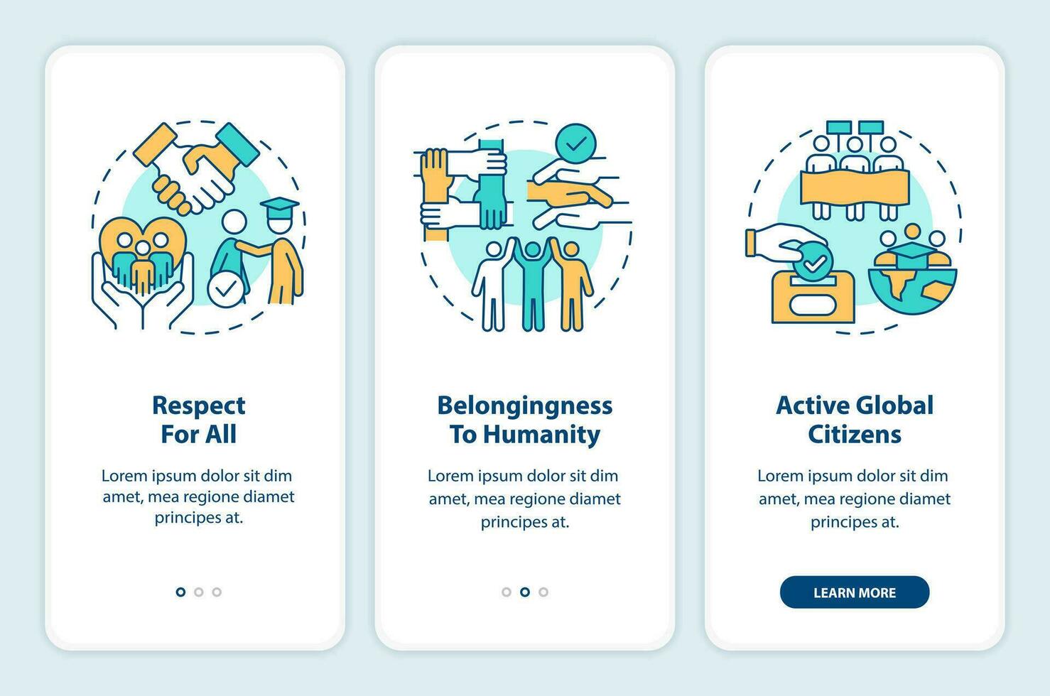 GCED aims onboarding mobile app screen. Global citizenship goals walkthrough 3 steps editable graphic instructions with linear concepts. UI, UX, GUI templated vector